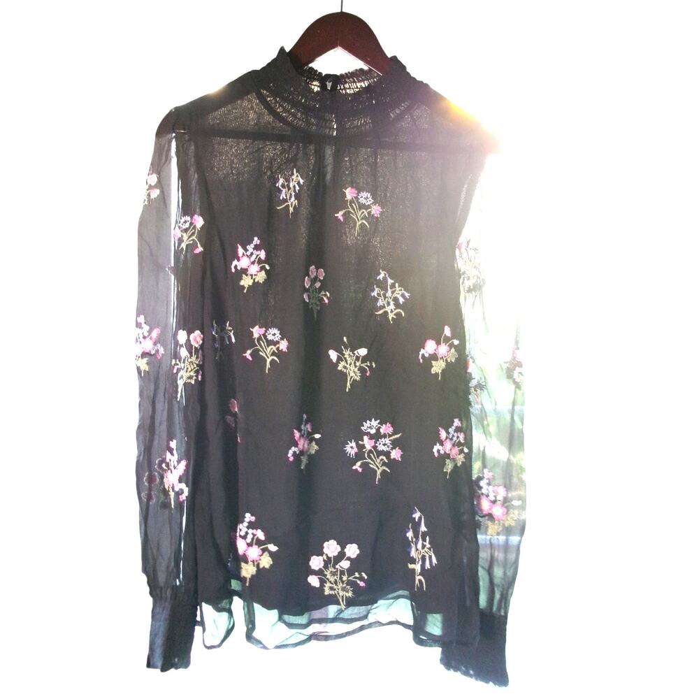 Sundance Black Floral Embroidered Sheer Blouse Women M Boho Romantic